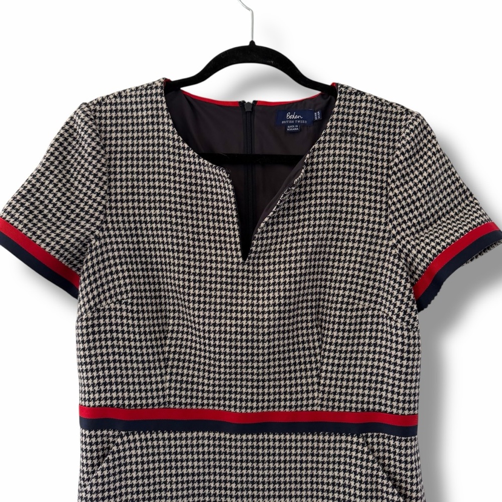 Boden Black & White Houndstooth Shift Dress with Red Trim - Picture 4 of 14